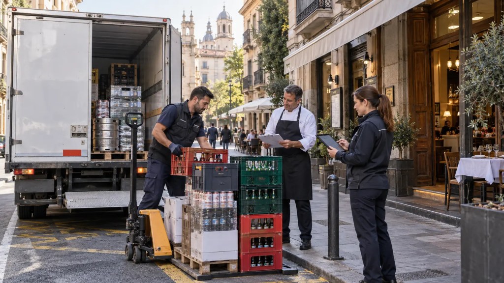 Profesionales realizan una entrega de distribución urbana a un restaurante en una ciudad española