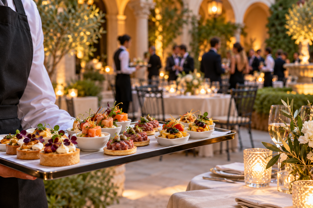 Bandeja de aperitivos servida en una celebración elegante; escena ilustrativa generada con IA.