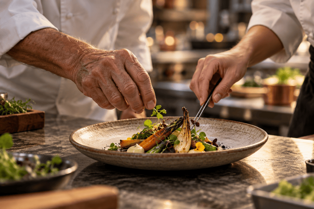 Manos de dos cocineros de distintas generaciones terminando un plato en una cocina profesional; ilustración generada con IA.