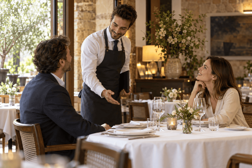 Un profesional de sala atiende amablemente a dos comensales en un restaurante.