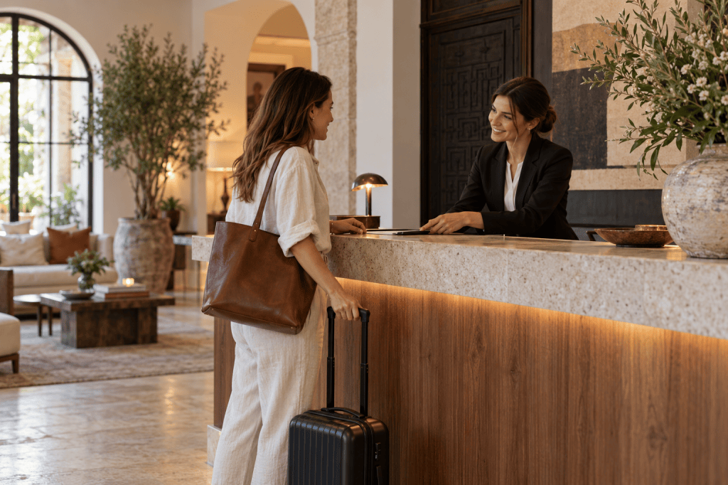 Recepcionista atendiendo a una viajera en un hotel. Imagen ilustrativa generada con IA.
