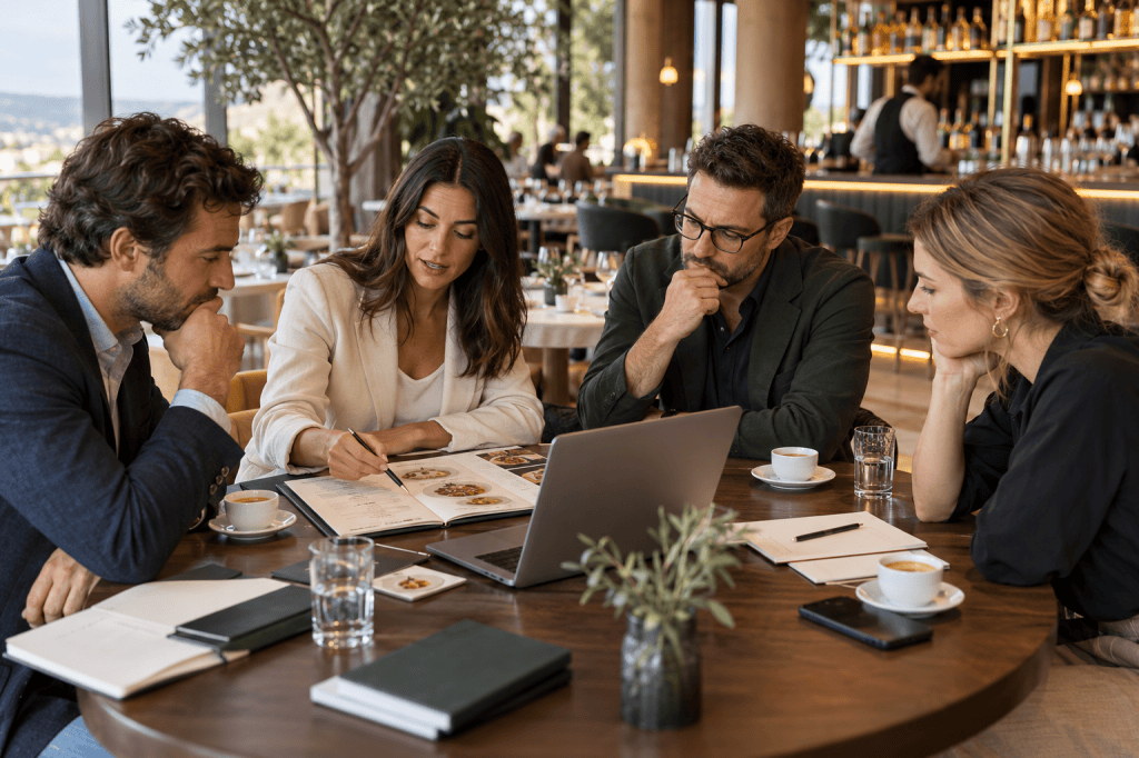 Escena ilustrativa de un equipo trabajando en estrategia de marca en un restaurante.